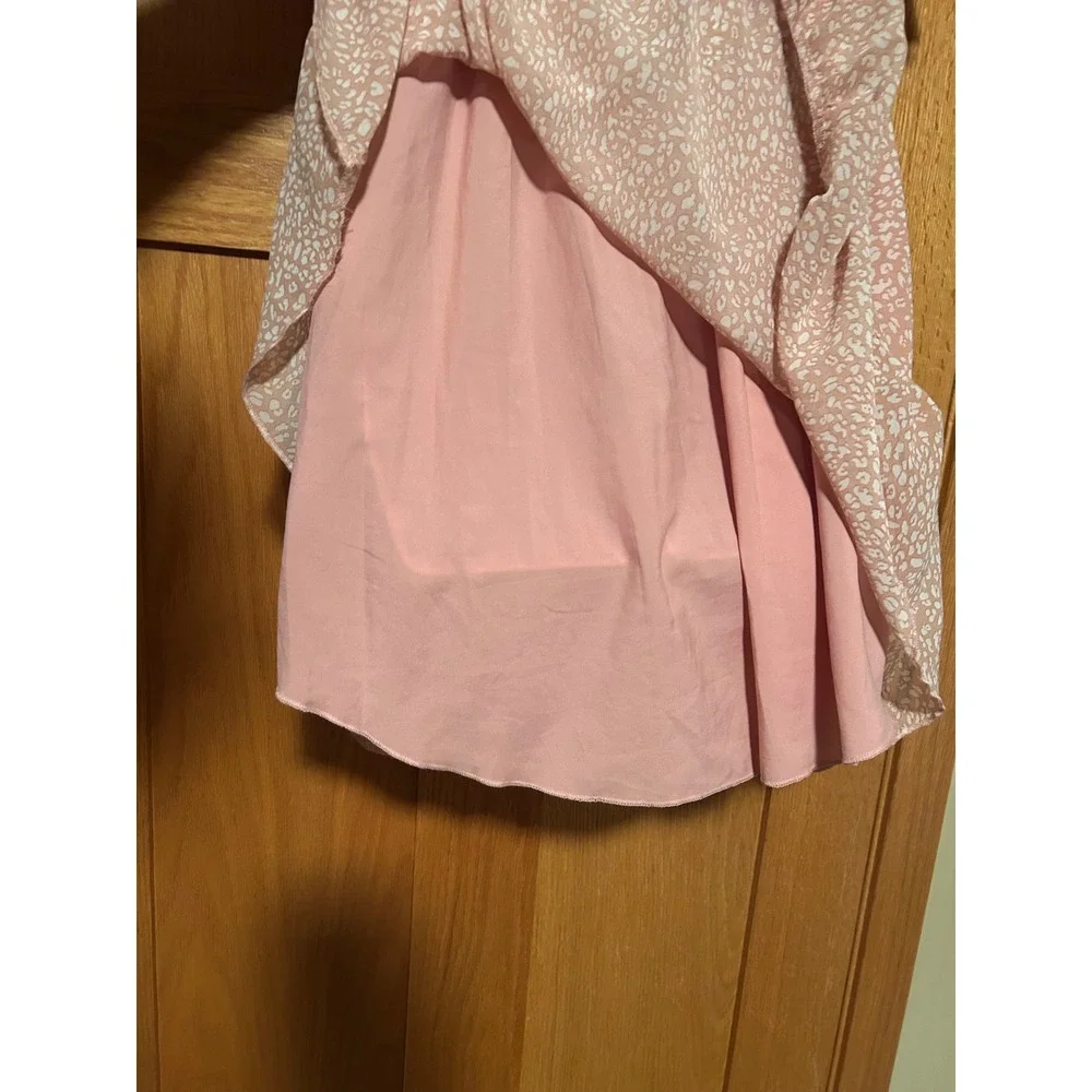 Pink Cottagecore Chiffon Wrap Mini Dress V-Neck Ruffle Hem Flutter Sleeve Small